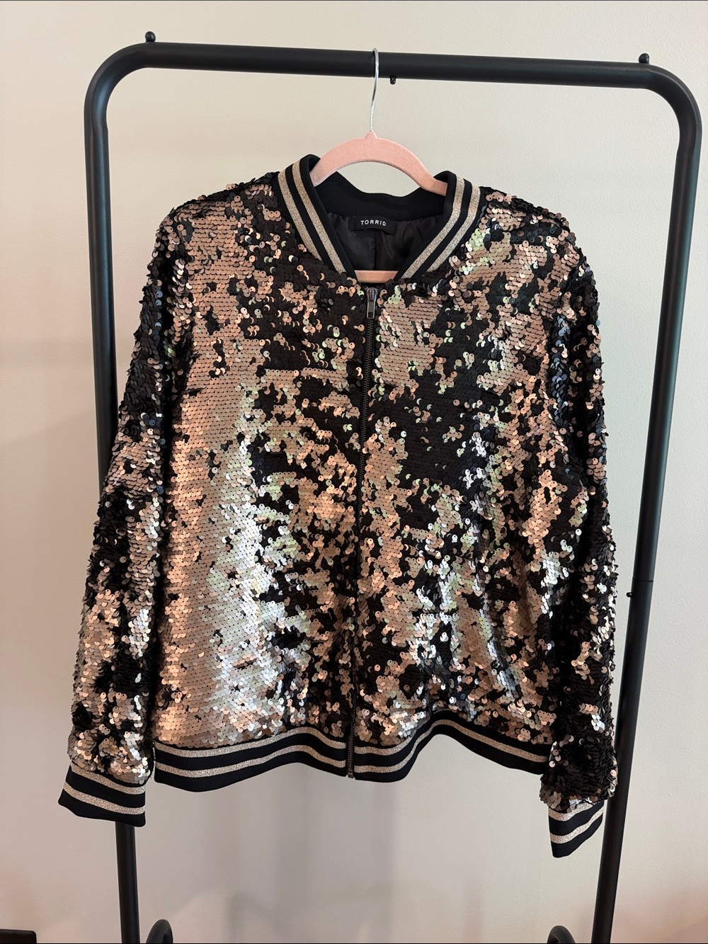torrid Black & Rose Gold Sequin Bomber Jacket